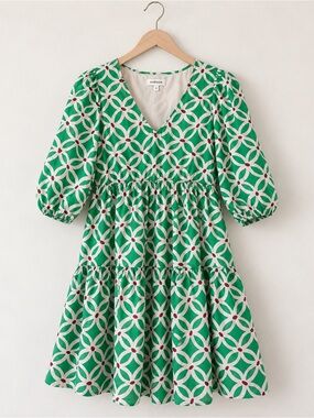 Hudson North 100% Cotton Green Tiered Puff Sleeve Midi Dress